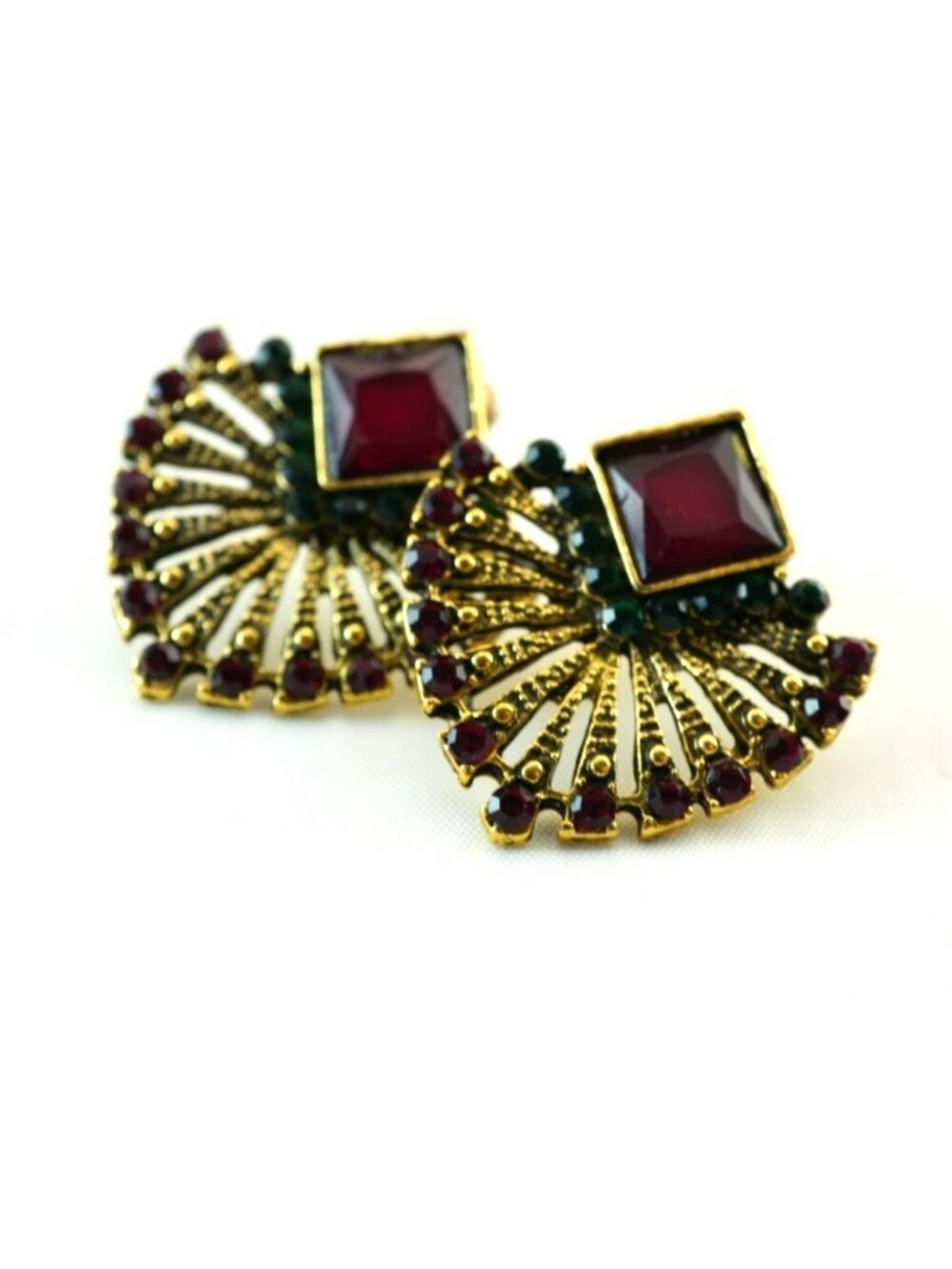 Gold Tone Fan Dangle Earrings Red Green Stone Statement Boho Fashion